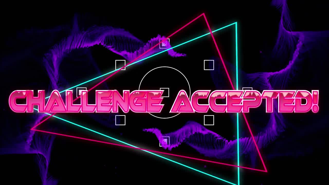 보라색 디지털 파동에 대항하여 도전 받아들여진 텍스트 배너에 대한 장애 효과의 애니메이션.