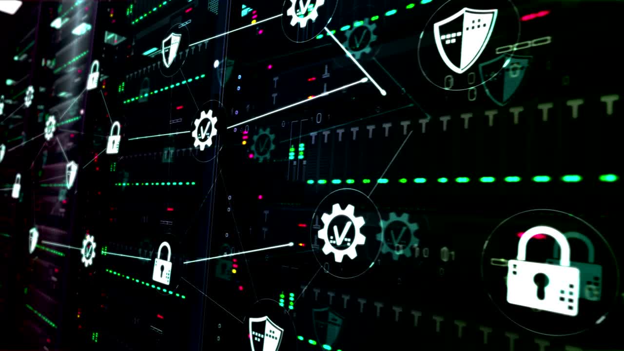 símbolos de seguridad cibernética en la sala de servidores en el bucle de fondo