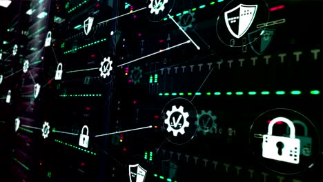 simboli di sicurezza informatica sulla stanza dei server in background loop
