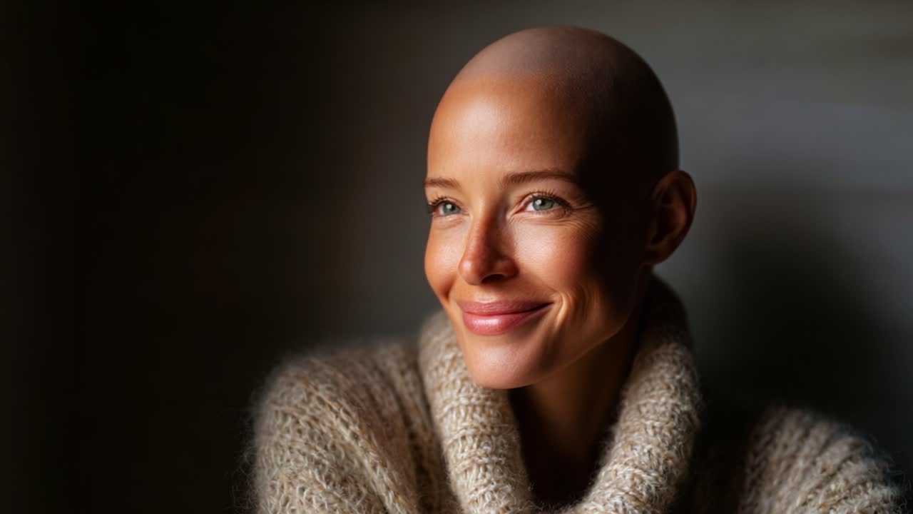 Un sereno ritratto di una donna calva sorridente, che incarna sicurezza e tranquillità mentre indossa un comodo maglione, catturato in una luce calda e soffusa, che illustra la bellezza nella semplicità.