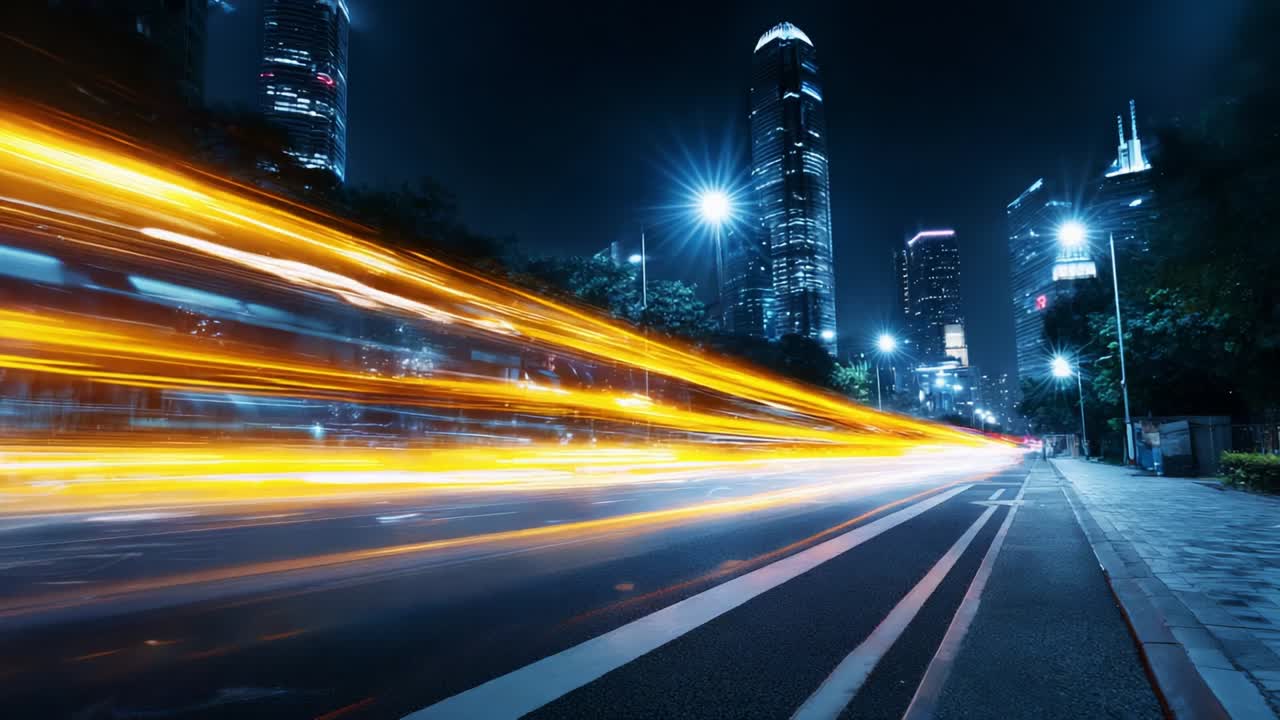 Paesaggio urbano notturno dinamico con scie luminose di traffico che mostrano l'energia e l'atmosfera vivace della vita urbana sotto la luce artificiale, mettendo in risalto i grattacieli e il movimento in una metropoli moderna