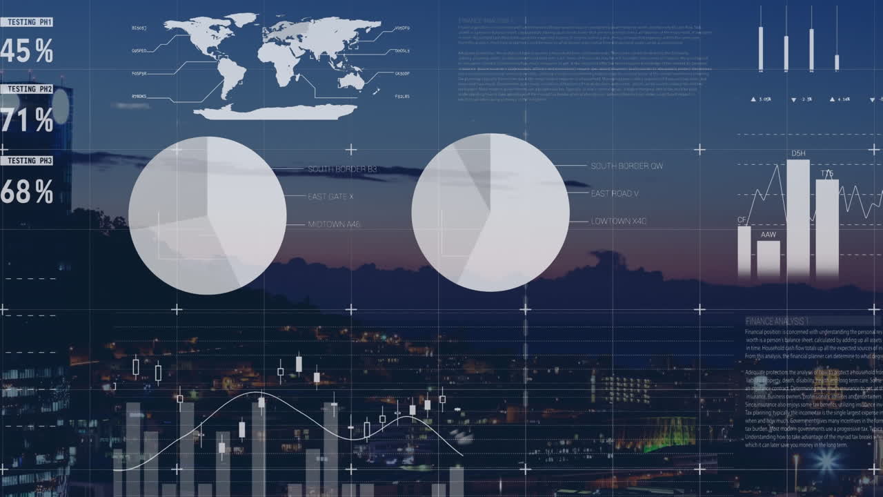 Animation of statistical data processing over aerial view of cityscape against sunset sky