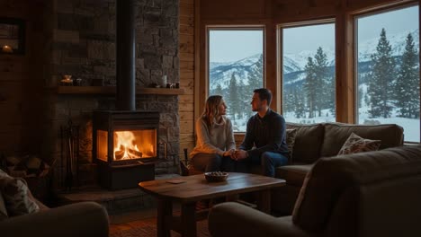 Cozy winter evening with a couple by the fireplace in a mountain cabin