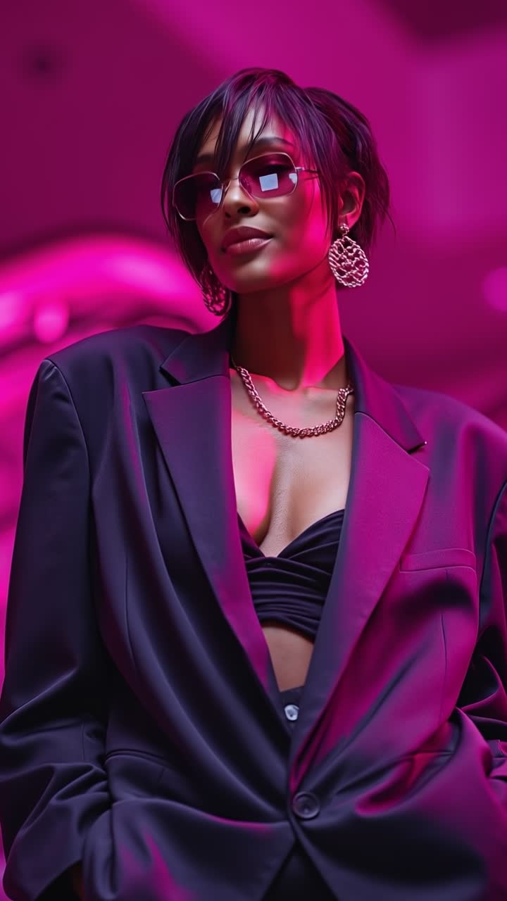 Donna alla moda che indossa un completo viola e posa in un ambiente urbano rosa neon con effetti di luce futuristici.