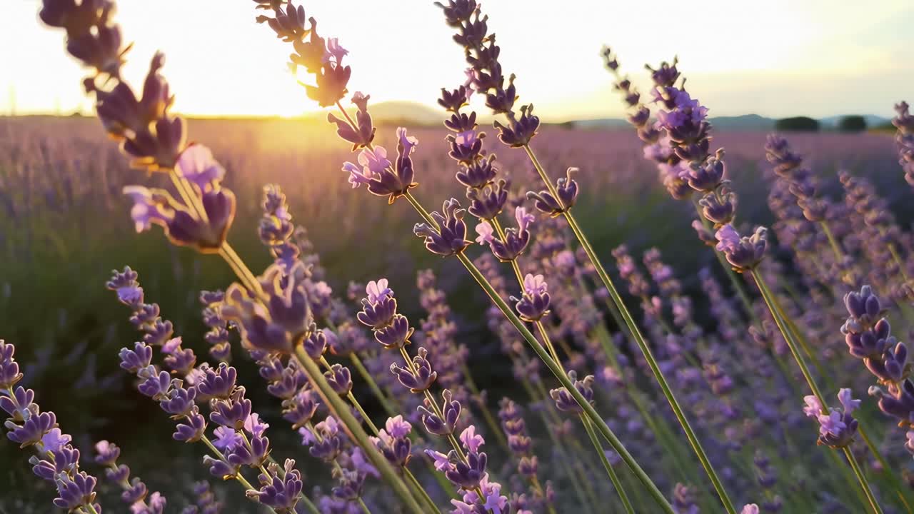 Video ravvicinato di campi di lavanda al tramonto, che cattura una bellezza serena e naturale
