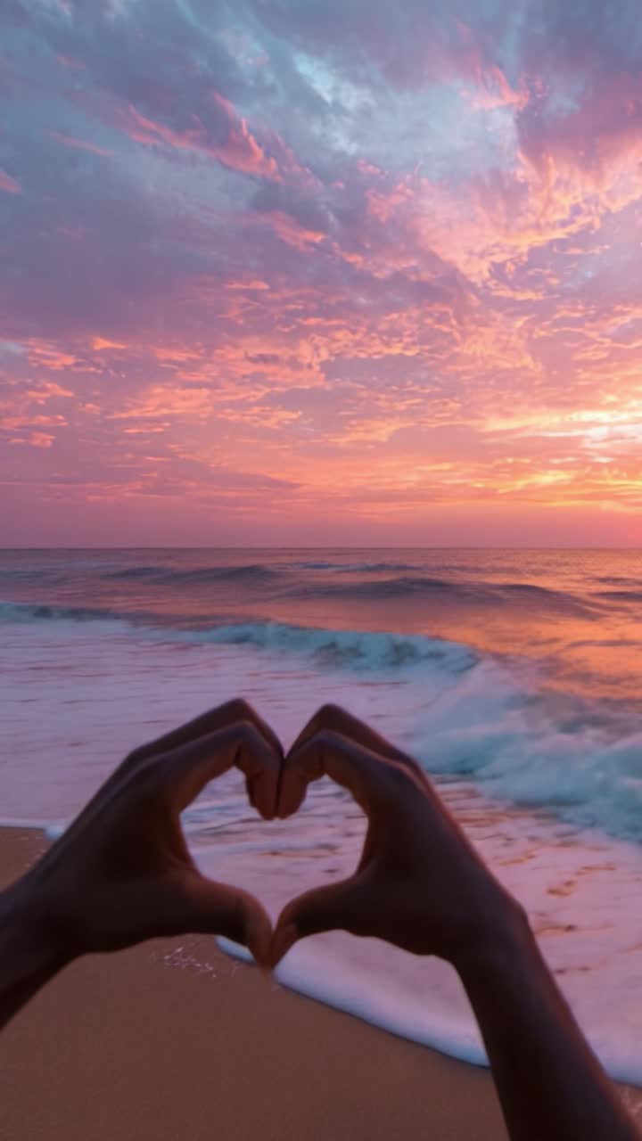 Catturando l'amore all'alba: Un gesto a forma di cuore incorniciato contro una splendida alba costiera con nuvole vibranti e onde delicate.