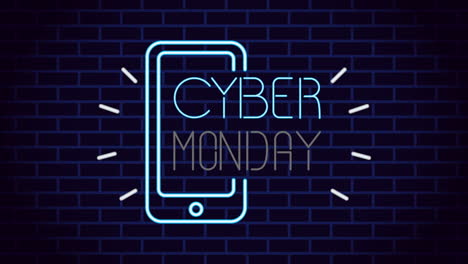 cyber monday neon light label with smartphone