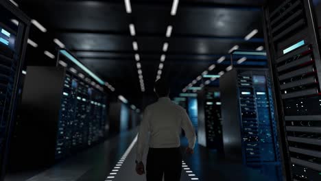 cost reduction. it administrator activating modern data center server with hologram.