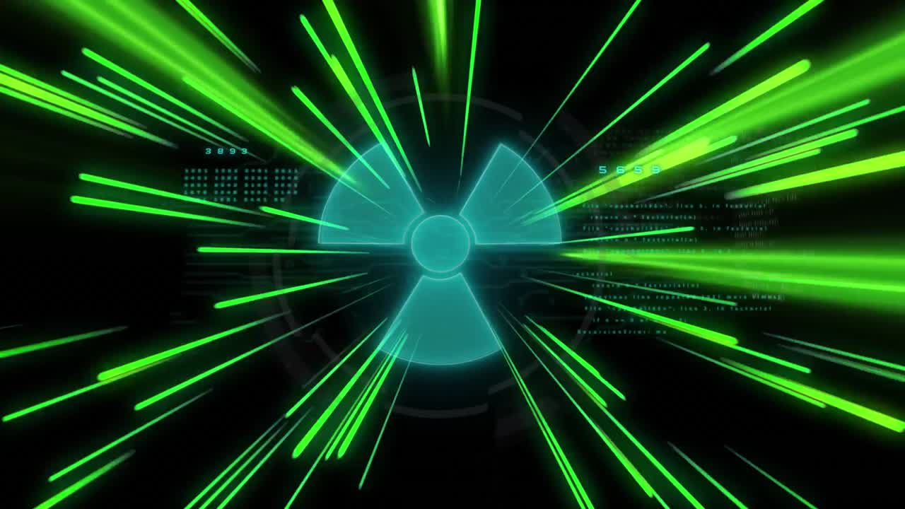 animación del ventilador y el lenguaje de programación con haces de luz iluminados sobre fondo negro