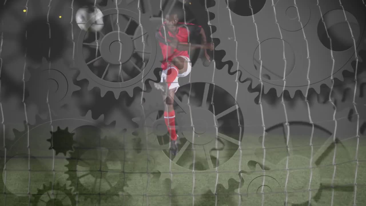 animación de los engranajes girando y procesamiento de datos sobre el jugador de fútbol