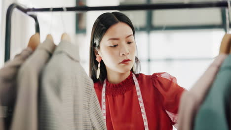 fashion designer, woman and clothes choice on rack