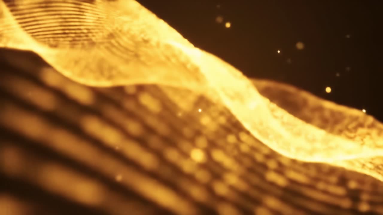 Golden waves flow rhythmically, creating a visual spectacle of light and movement. The flowing patterns are enchanting, drawing attention with their vibrant energy and dynamic forms.