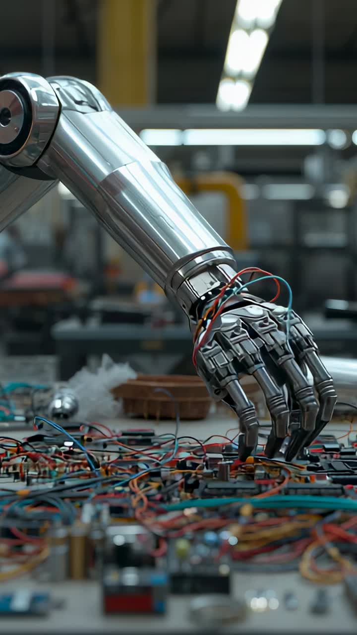 Vertical video: Acting on signal, robotic arm hand probing circuits and wires on bench for assembly