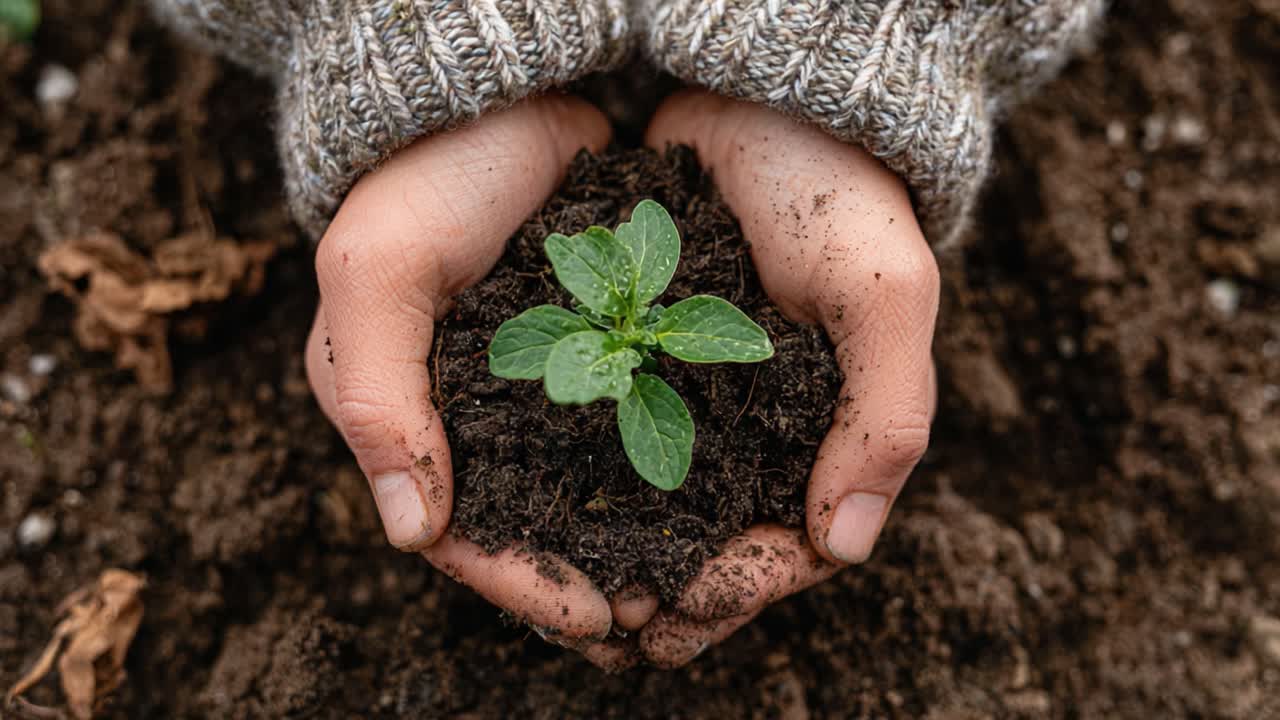 Nurturing Nature: A Close-up of Hands Cradling a Young Seedling in Rich Soil, Symbolizing Growth, Sustainability, and the Vital Connection Between Humanity and Earth