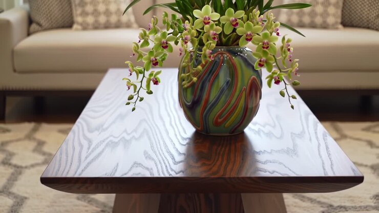 Una composizione stupenda: primo piano di un vaso decorativo con orchidee e un elegante tavolino da caffè in un accogliente salotto