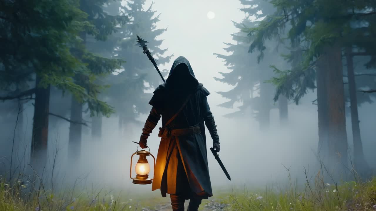 Hooded Figure with Lantern in Misty Forest
