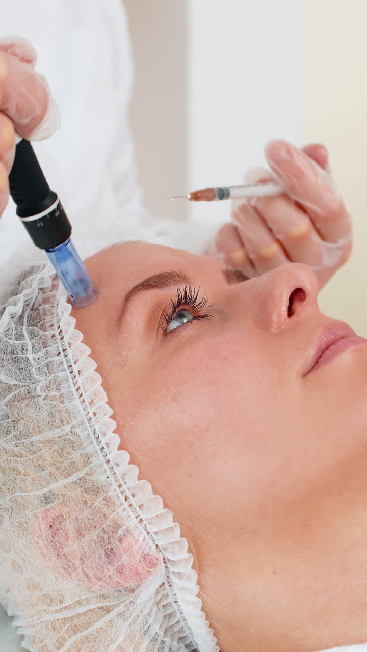 Microneedling dermapen mesotherapy for woman face regeneration by cosmetologist in beauty clinic spa