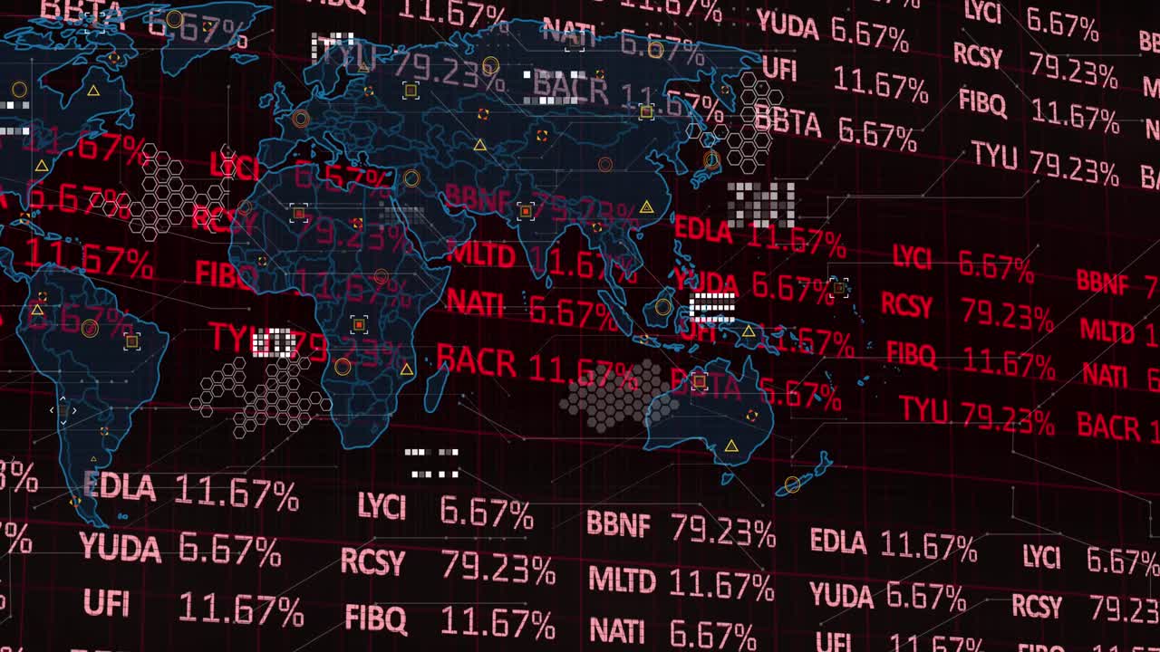 Animation of financial data processing and statistics over world map on black background