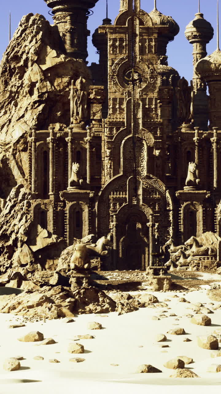 Intricate castle structure surrounded by rocky terrain in a desert setting