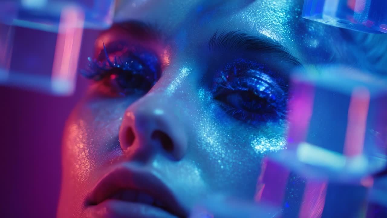 A striking close-up shot of a mesmerizing face illuminated by vibrant glitter and colorful reflections, showcasing a stunning beauty look with bold makeup and shimmering highlights against a surreal background