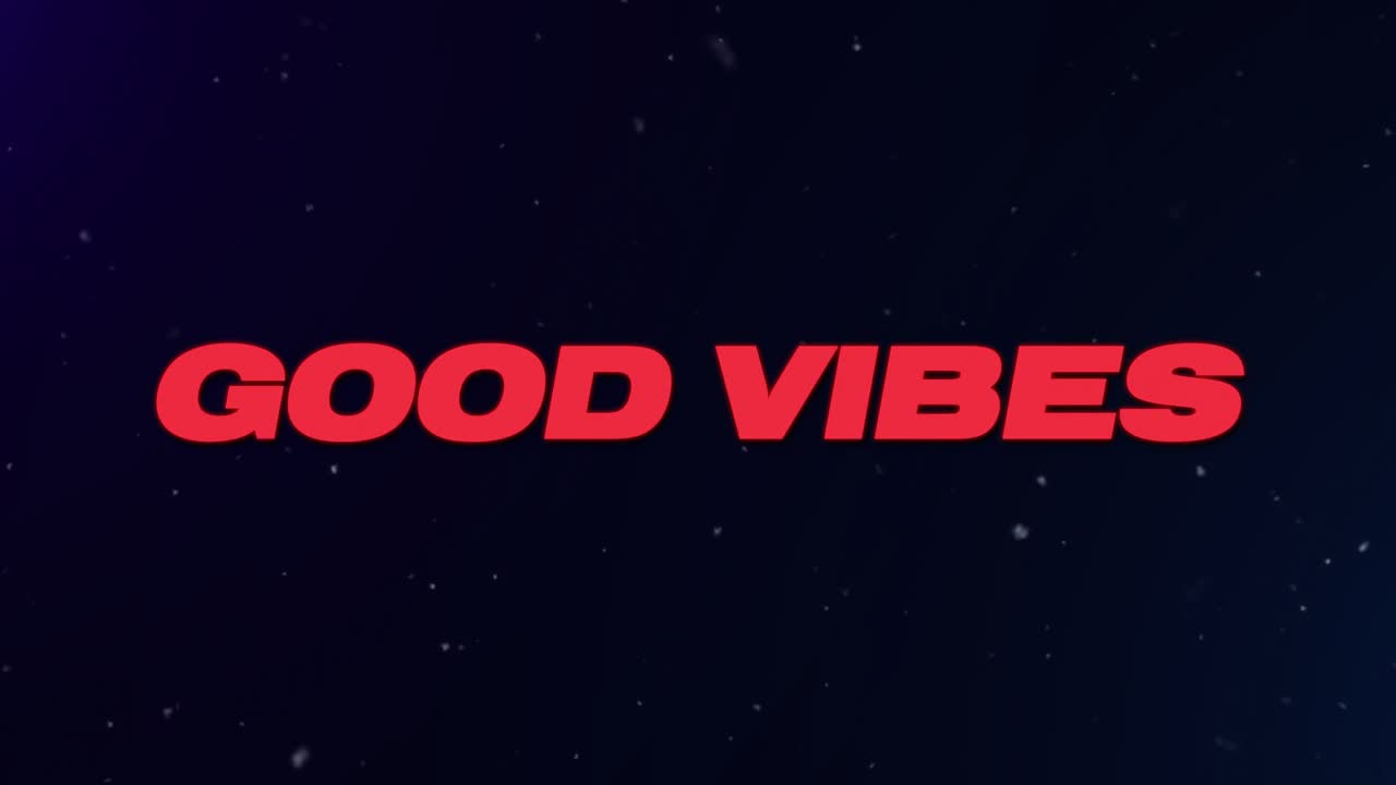 Et enkelt rødt bogstav E vises, bogstaver glider og korrigerer, der viser 'GOOD VIBES' som drivende partikler