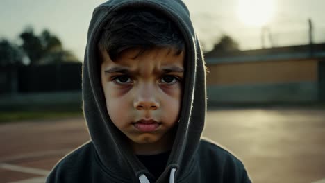 a young boy wearing a hooded sweatshirt looks thoughtfully at the camera on a basketball court