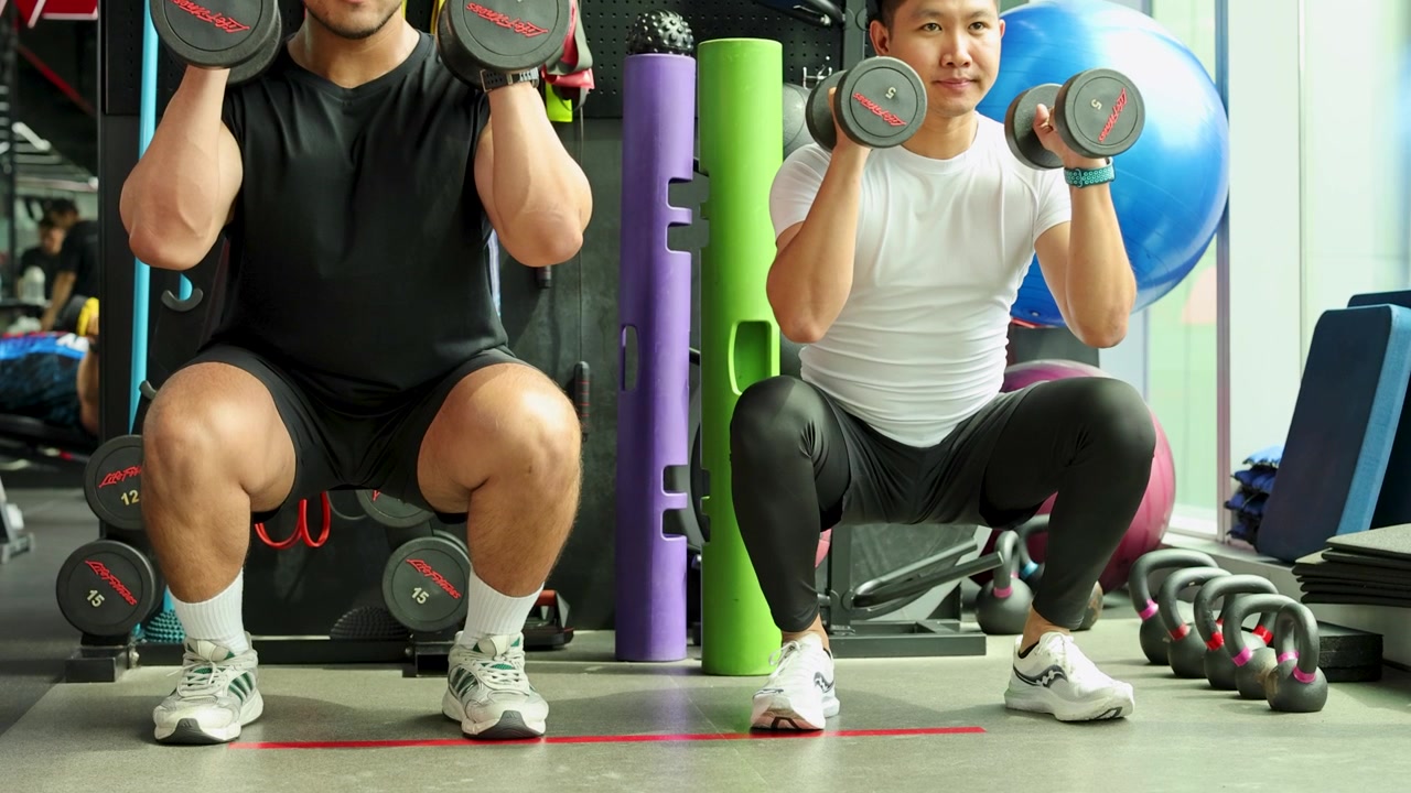 Dua pria Asia melakukan squat dumbel di gym yang terang dengan peralatan kebugaran berwarna-warni