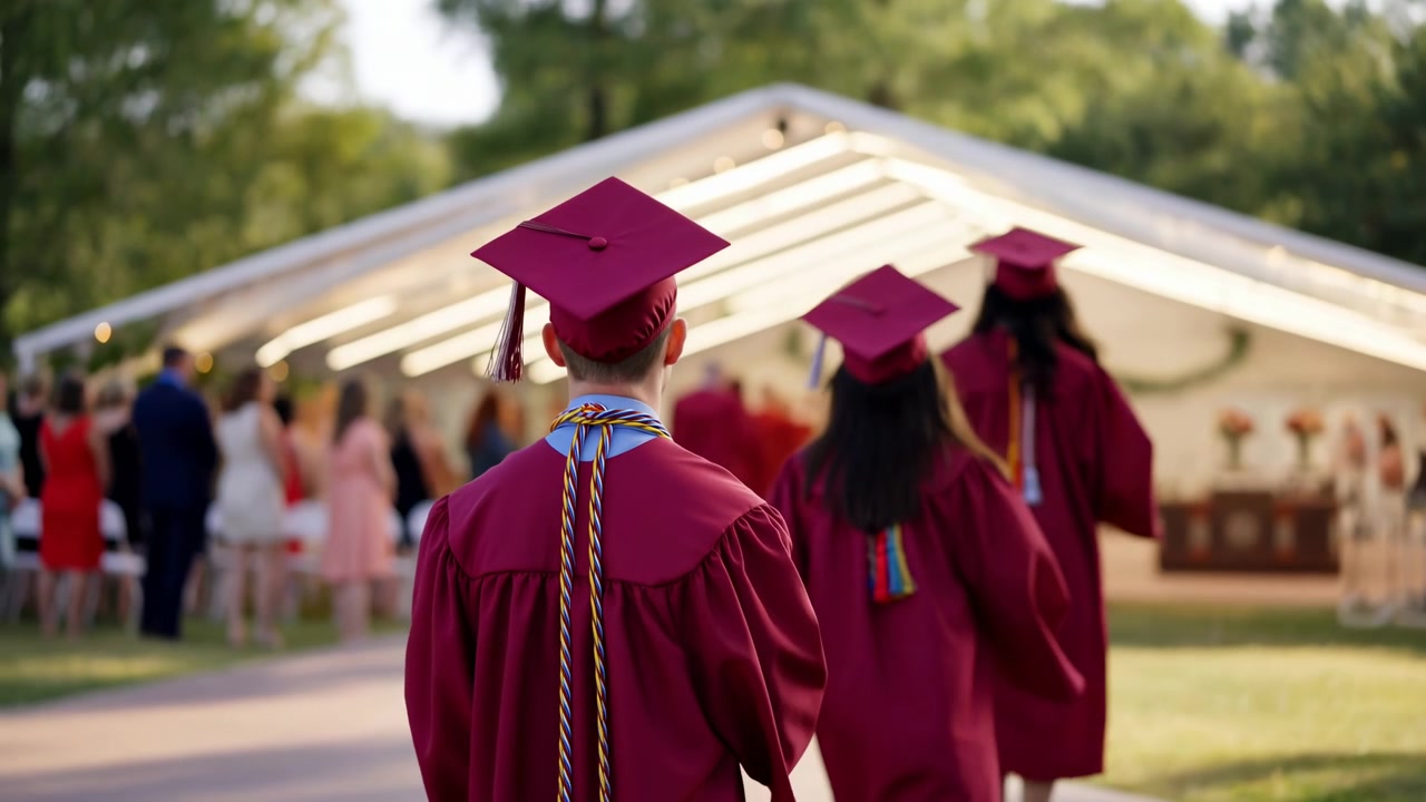 Tre laureati con tocco e toga color bordeaux camminano lungo un sentiero lastricato verso un padiglione illuminato delicatamente al crepuscolo. Lo studente maschio centrale è visto da dietro e indossa.