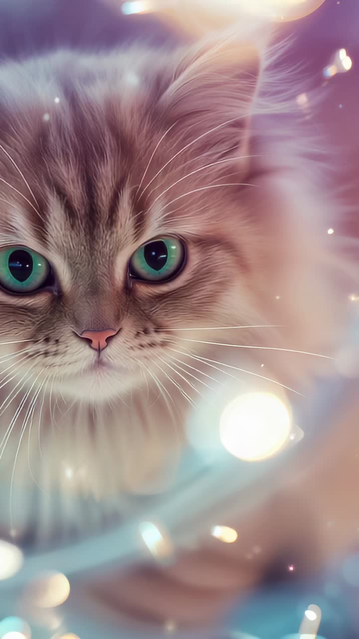 Vertical video: Camera zooming longhaired cat holding gaze, capturing eye at home with fairy lights