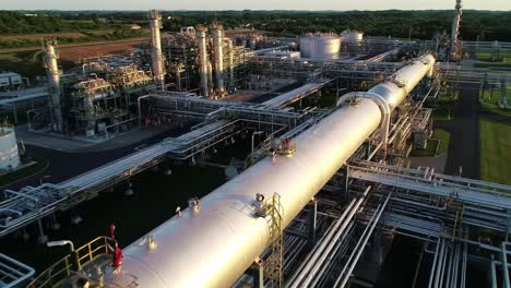 aerial view of industrial processing facility showcasing extensive pipeline infrastructure and storage tanks in a remote green landscape at sunset
