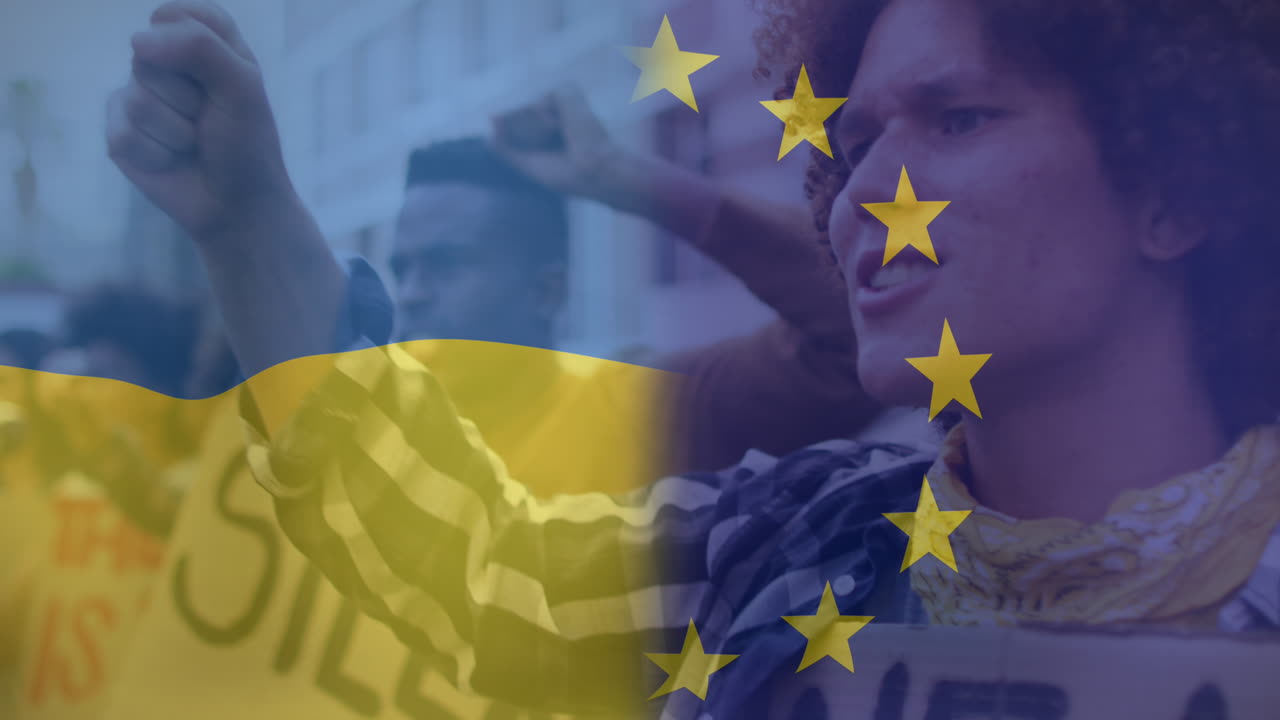 animación de la bandera de ucrania y la unión europea sobre varios manifestantes