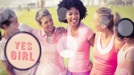 animation of yes girl text diverse over group of diverse group of smiling women