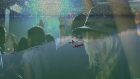 kayakers paddling on lake in travel ad, with translucent crowd raising smartphones and bucket hat