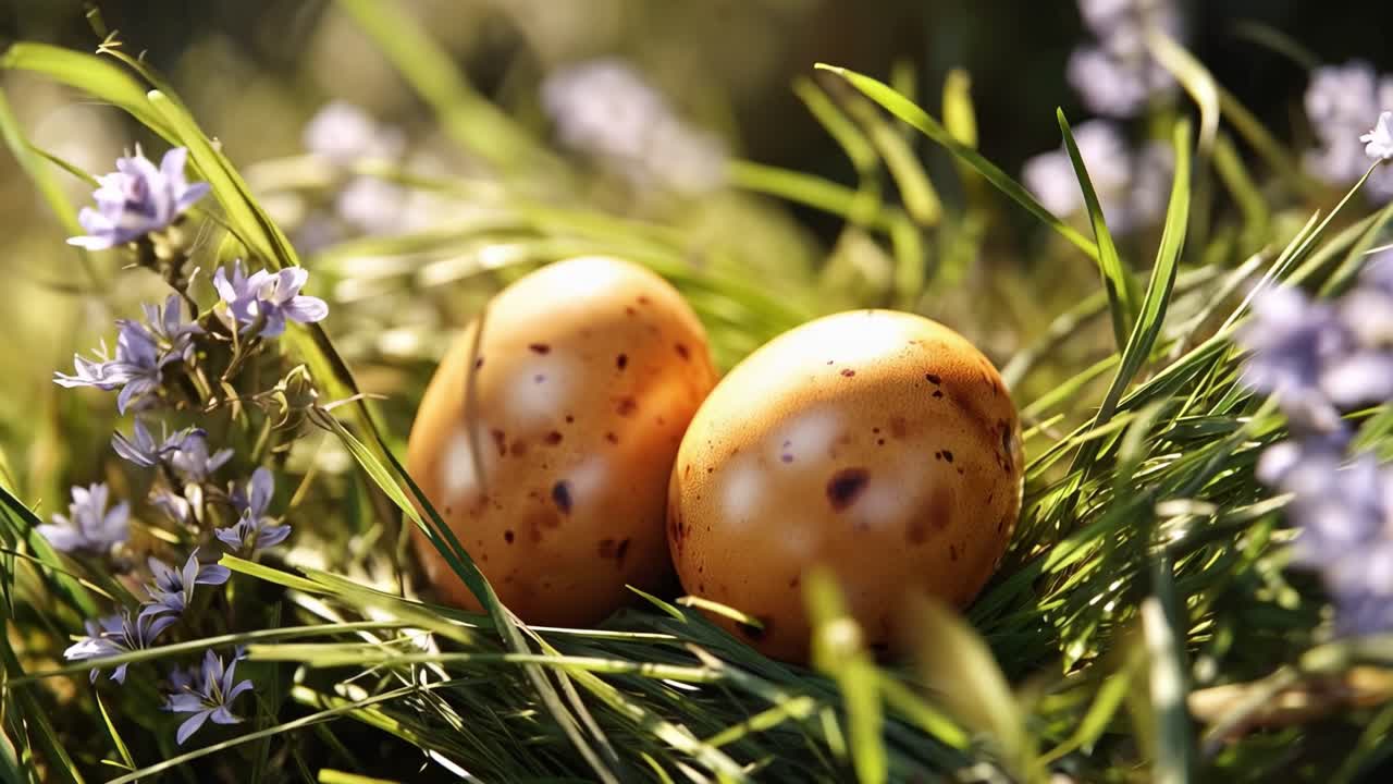 Two speckled eggs rest in soft green grass. Tiny purple flowers dot the meadow. Golden light warms the earthy scene. Stillness surrounds the natural setting. Perfect for spring or Easter themes