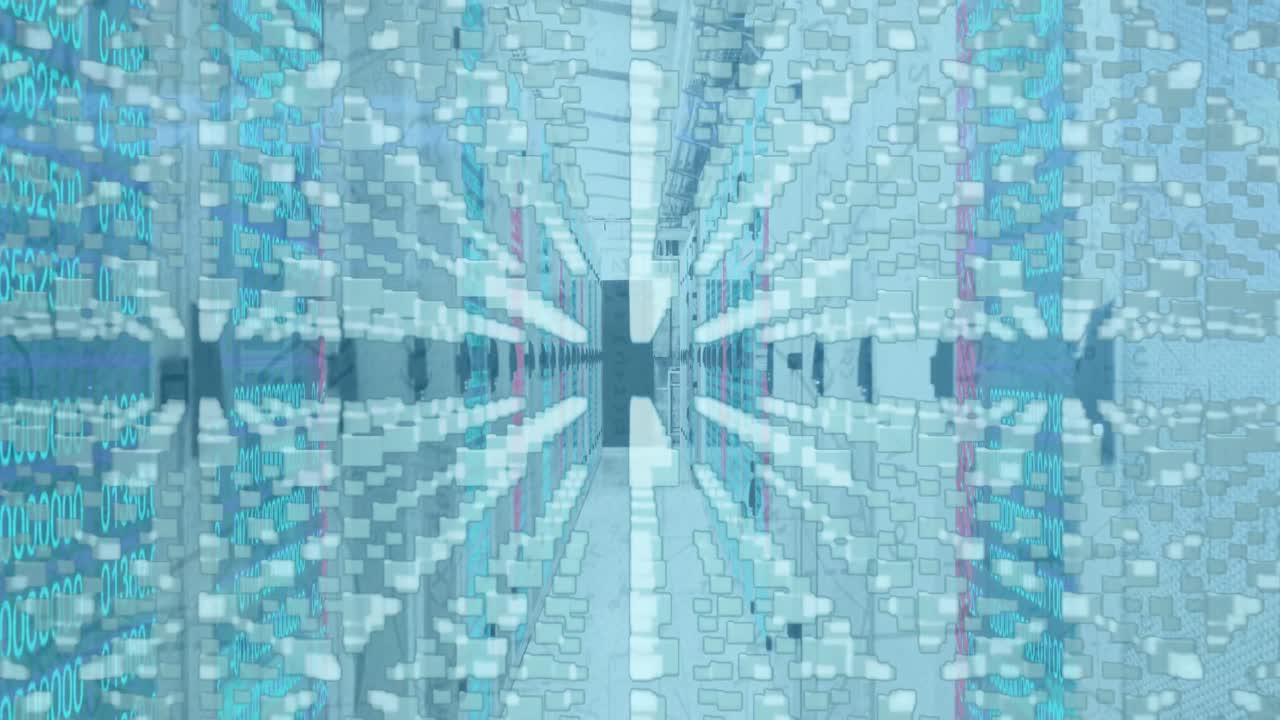 Animation of online security padlock and data processing over tech room with computer server