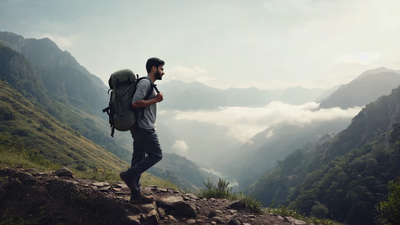 Hombre caminando en las montañas