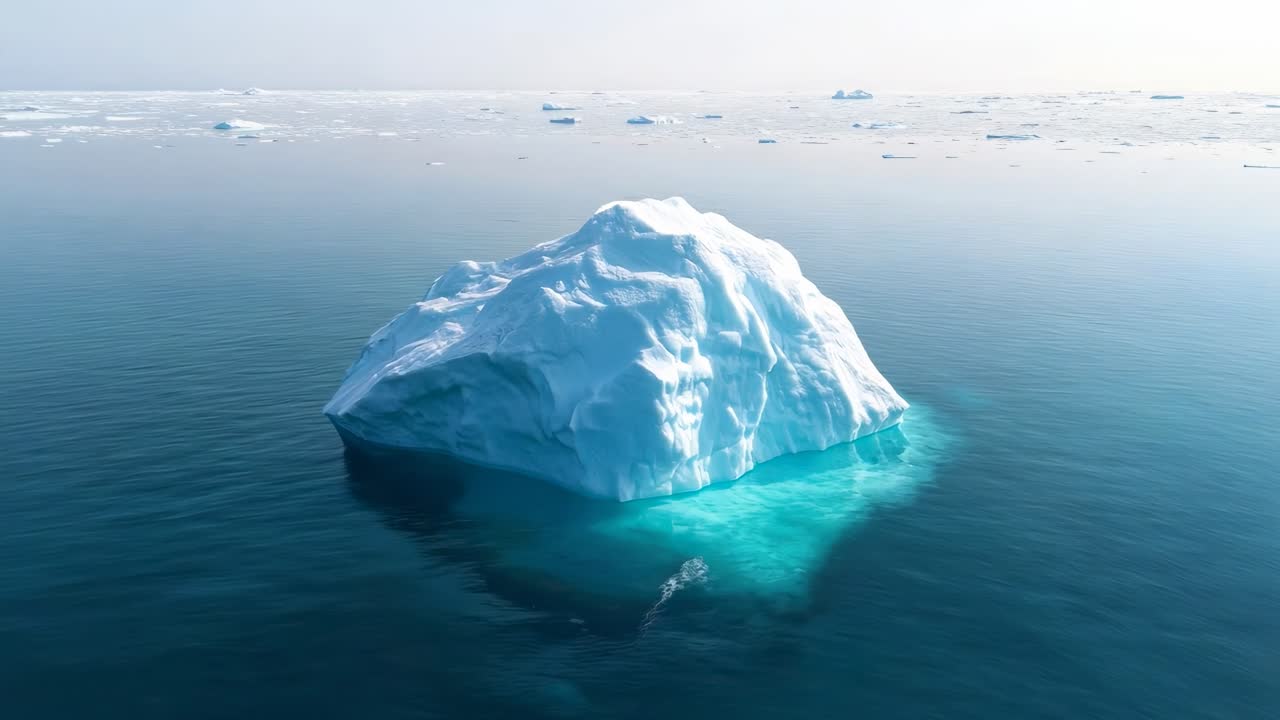 Aerial view of a solitary iceberg floating in calm waters, capturing the serene beauty of nature