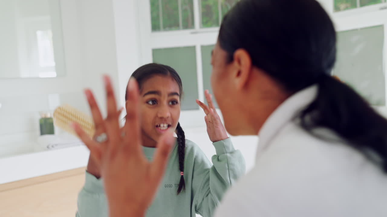 Singing, kid or mom dancing in morning grooming