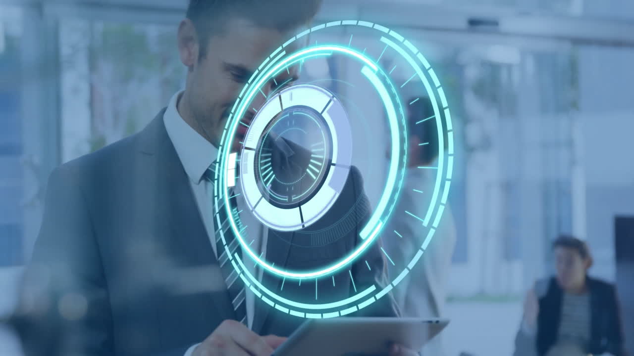 Using tablet, businessman interacting with digital animation in office setting