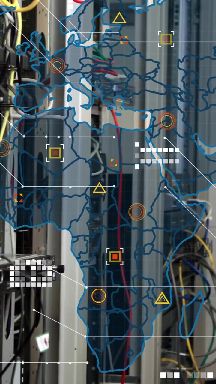 Network connections and data processing animation over woman in server room