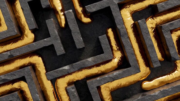 Close view shows embossed angular pathways sliding through frame with metallic gold and charcoal textures, highlighting layered shapes, shadows, and contemporary abstract surface design.