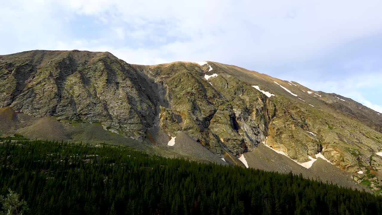 Static video of mountains in Breckenridge, Colorado. A little ice is visible with a forest below.