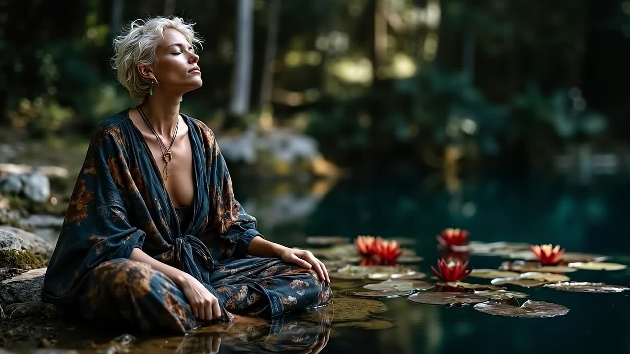 A woman sitting on a rock next to a pond with water lilies