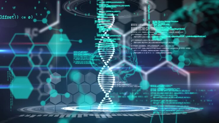 Animation of 3d dna strand spinning and scientific data processing over hexagons in background