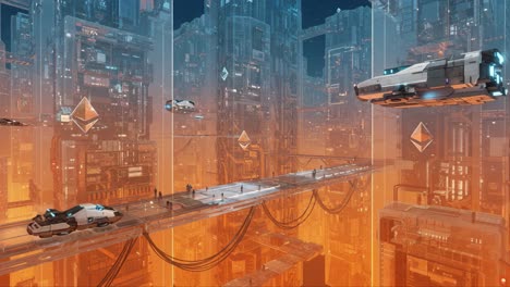 futuristic cityscape: a dynamic journey through an orange-tinted metropolis with hovering vehicles and high-tech architecture
