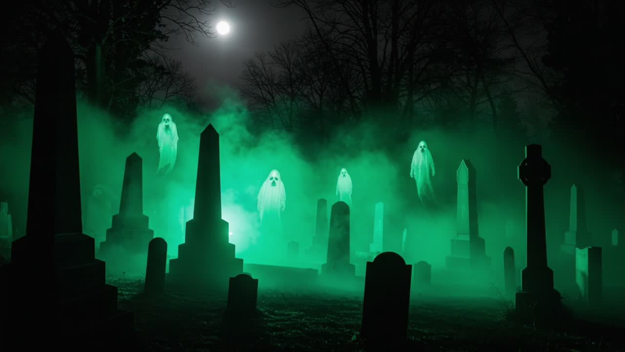 Spine-Chilling Night in a Cemetery: Ghostly Apparitions Haunt the Gravestones Amidst an Eerie Green Fog and a Full Moon