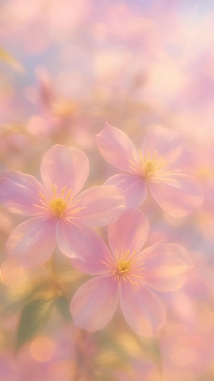 Soft-focus close-up of pastel pink flowers, creating a dreamy, ethereal feel
