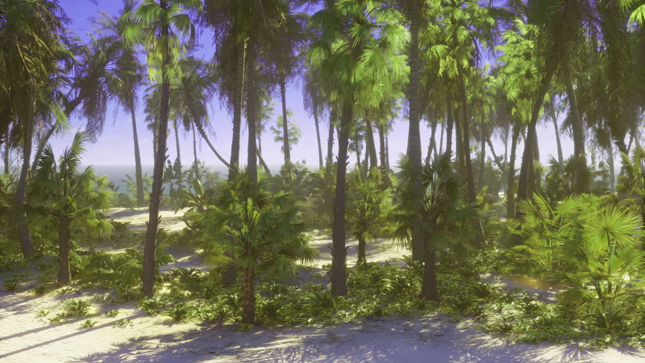 Lush tropical landscape with vibrant palm trees under a clear sky