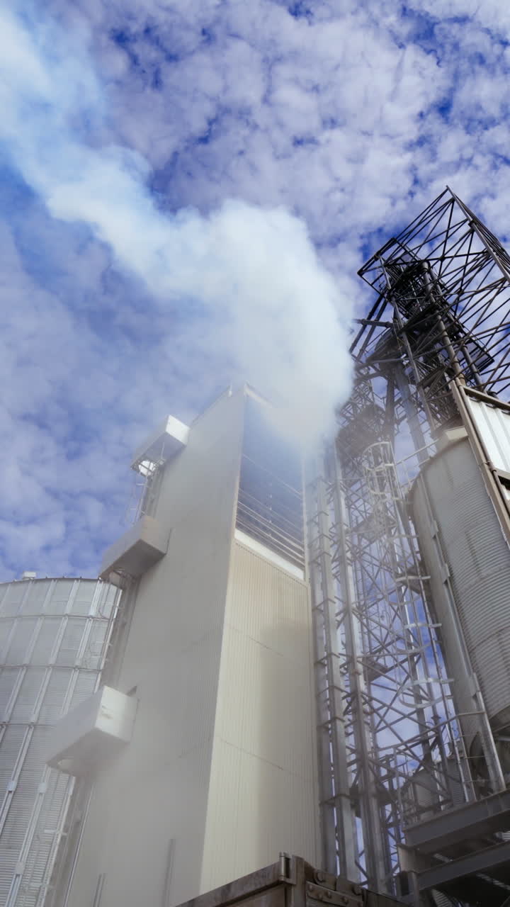 Modern plant with metal elevator for agribusiness. White smoke from industrial grain dryer on sky background. Storage and further processing of grain. View from below. Vertical video