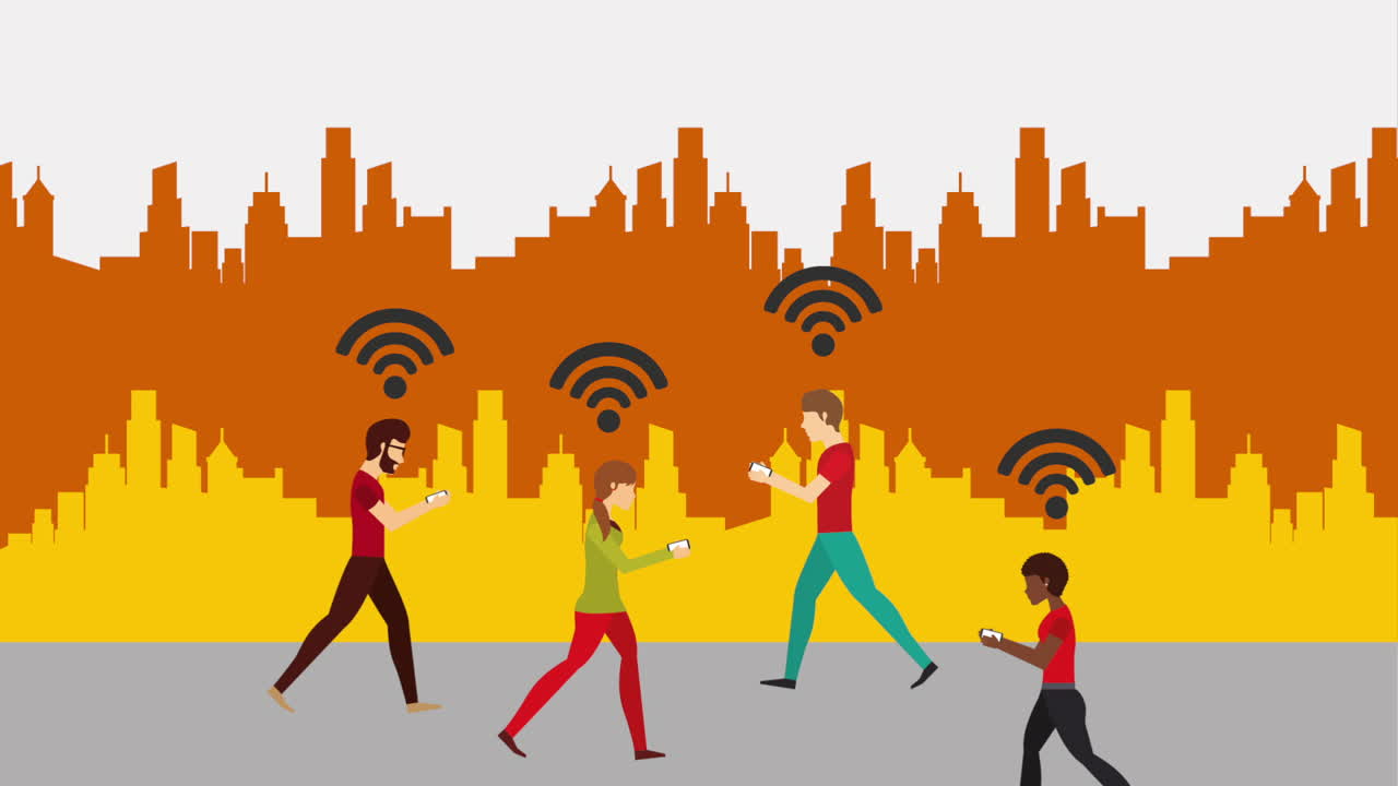 personas que usan teléfonos inteligentes en una ciudad con conexión wi-fi